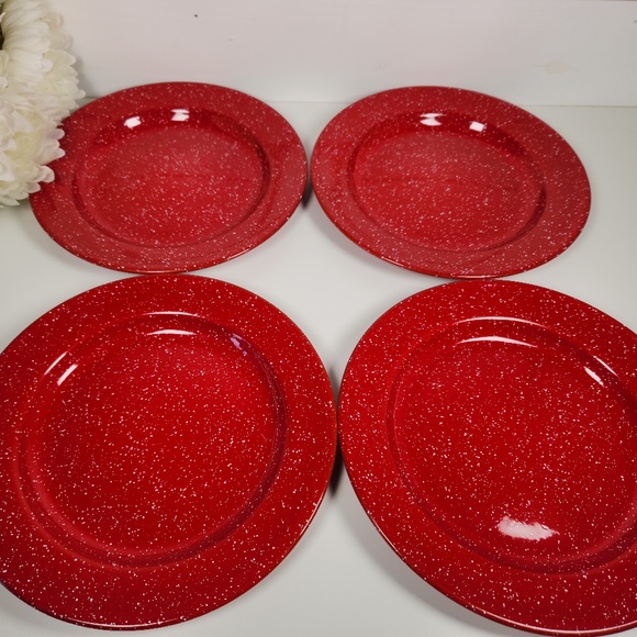 VTG Red & White Speckled Enamelware Plate 10"- Set of 4- Metal Stackable Plates - Picture 2 of 6